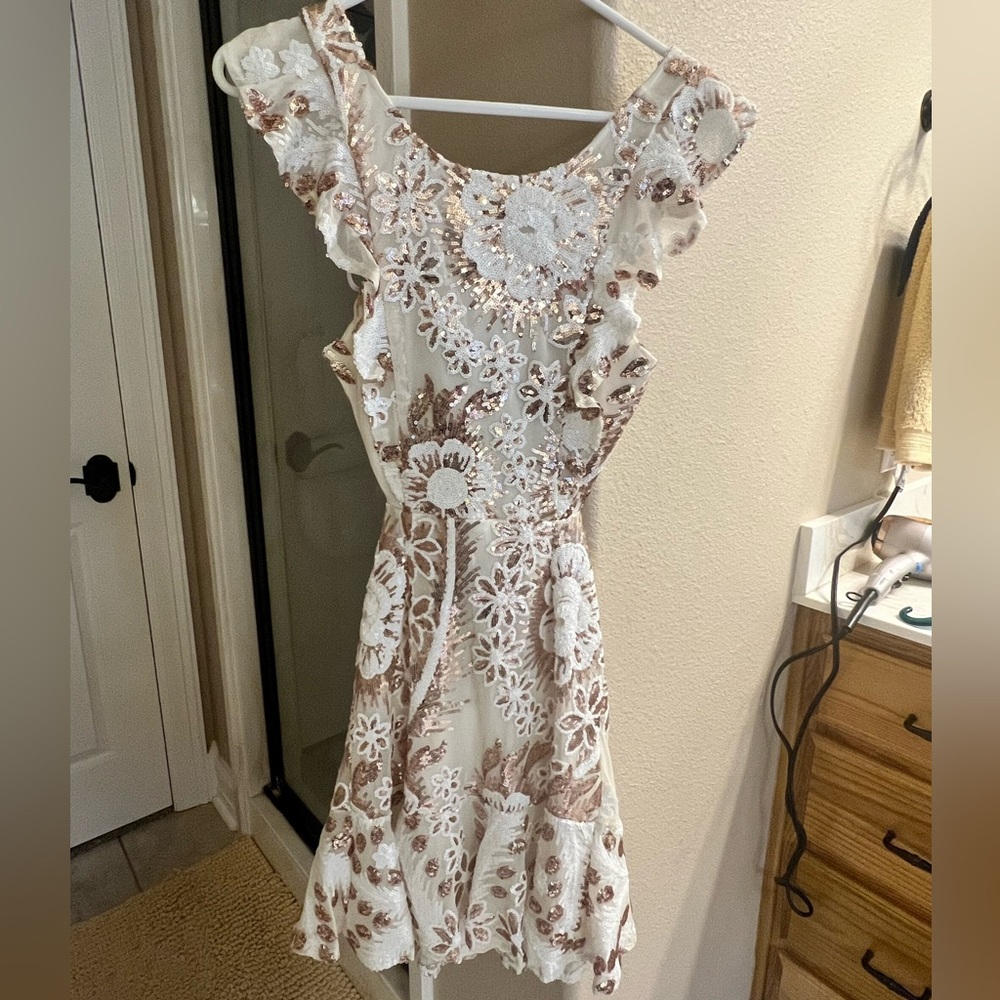 Hello Molly cream and gold mini dress. XS